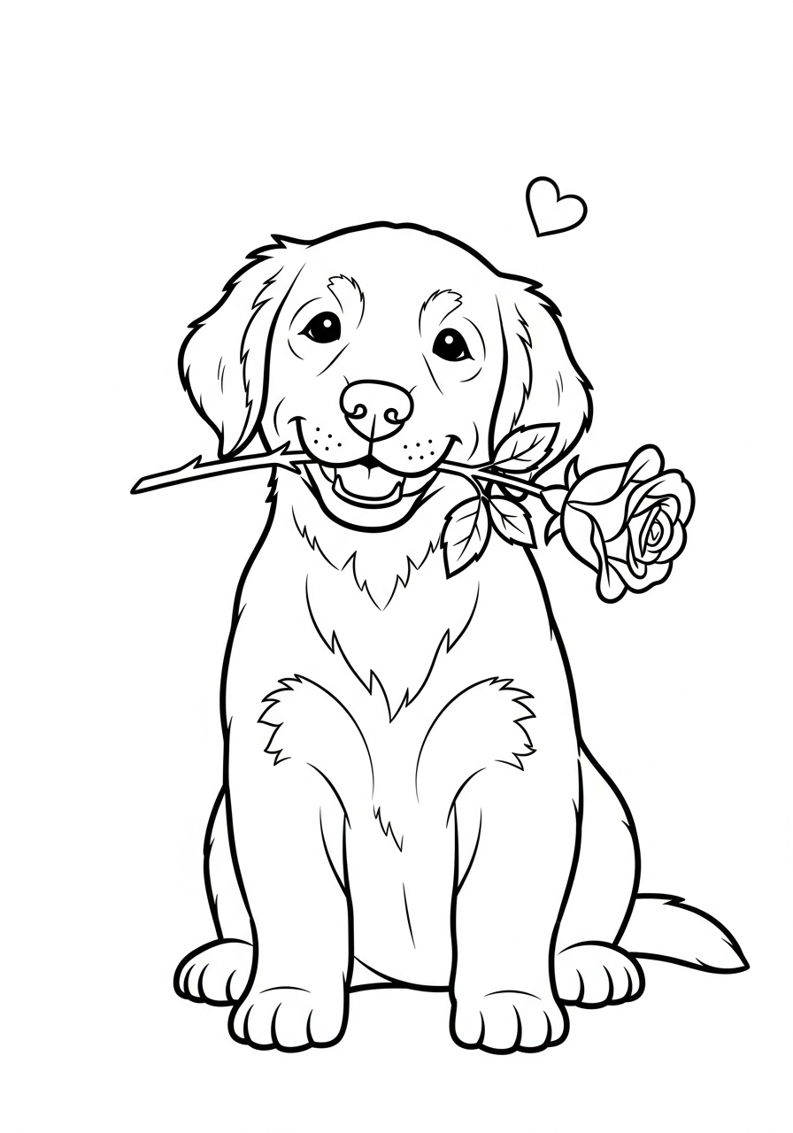 Valentine's Day Coloring Pages 33 Puppy holding rose flower valentine coloring page