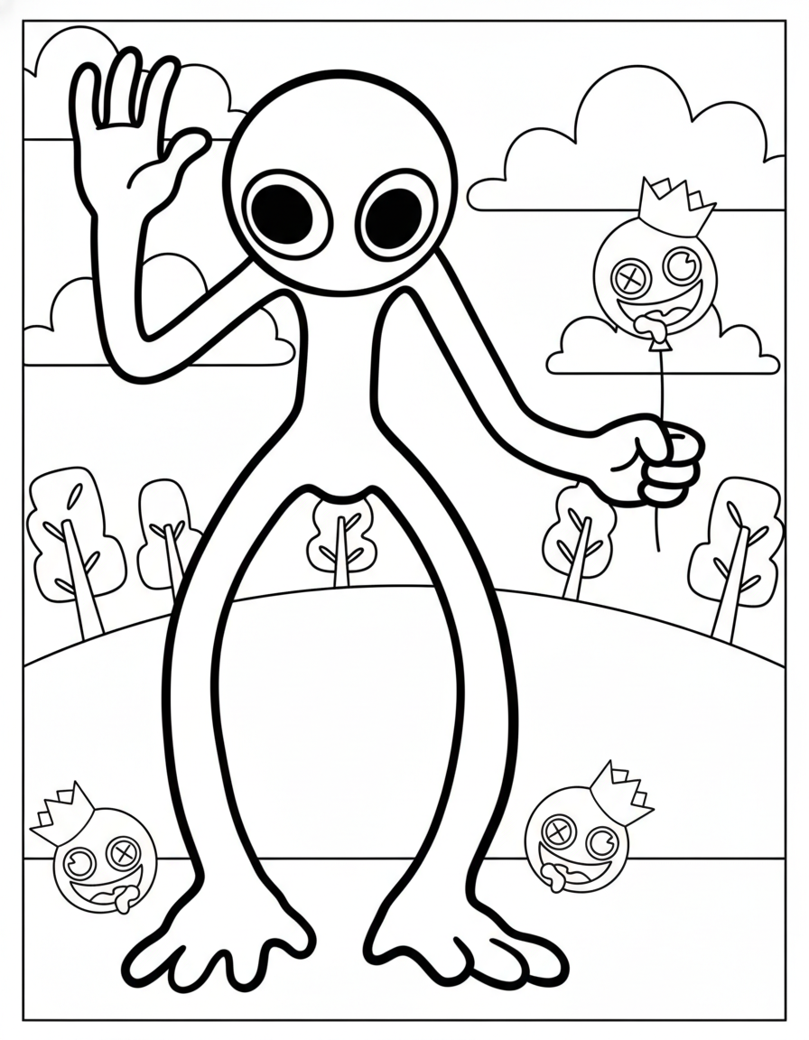 Rainbow Friends Coloring Pages 30 Purple monster waving hello Rainbow Friends coloring page