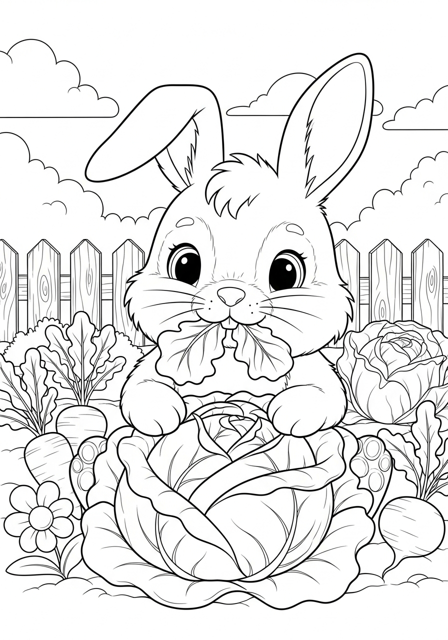 Rabbit eating garden lettuce vegetables coloring page