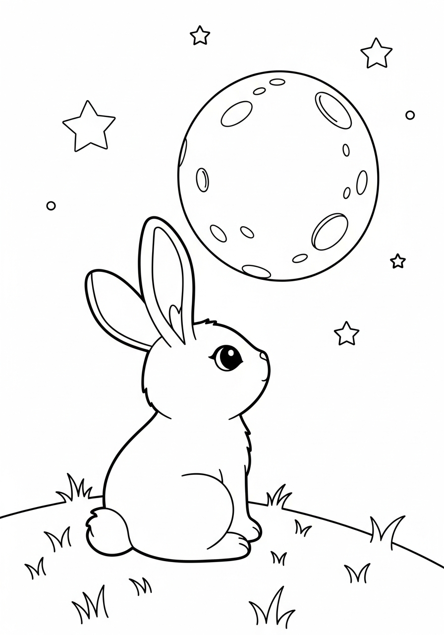 Rabbit silhouette against full moon coloring page