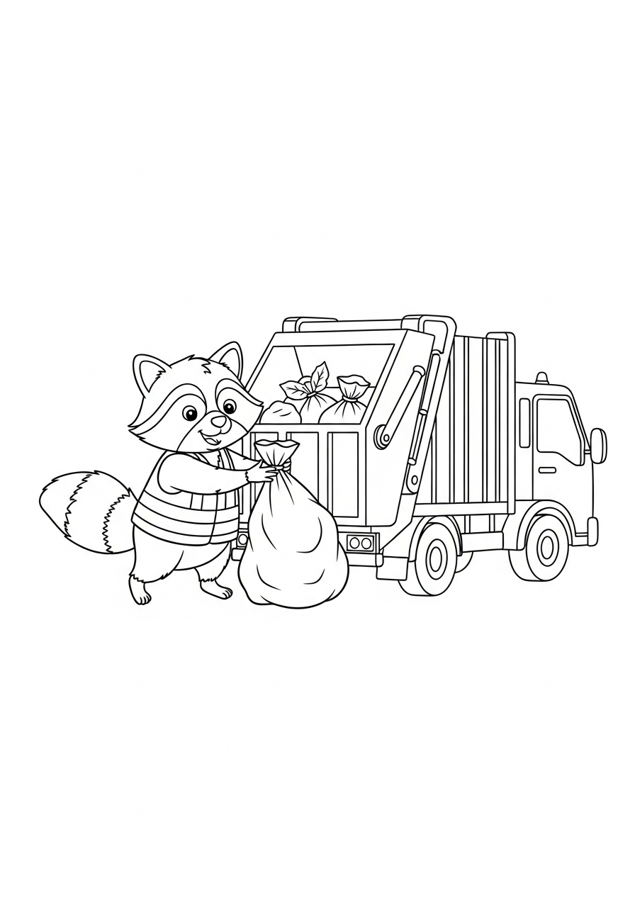 Garbage Truck Coloring Pages 24 Raccoon throwing trash in truck coloring page