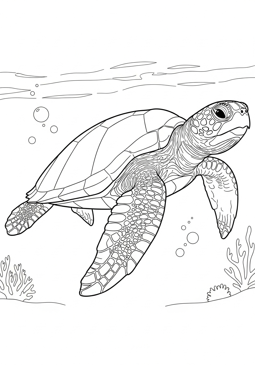 Realistic green sea turtle swimming coloring page