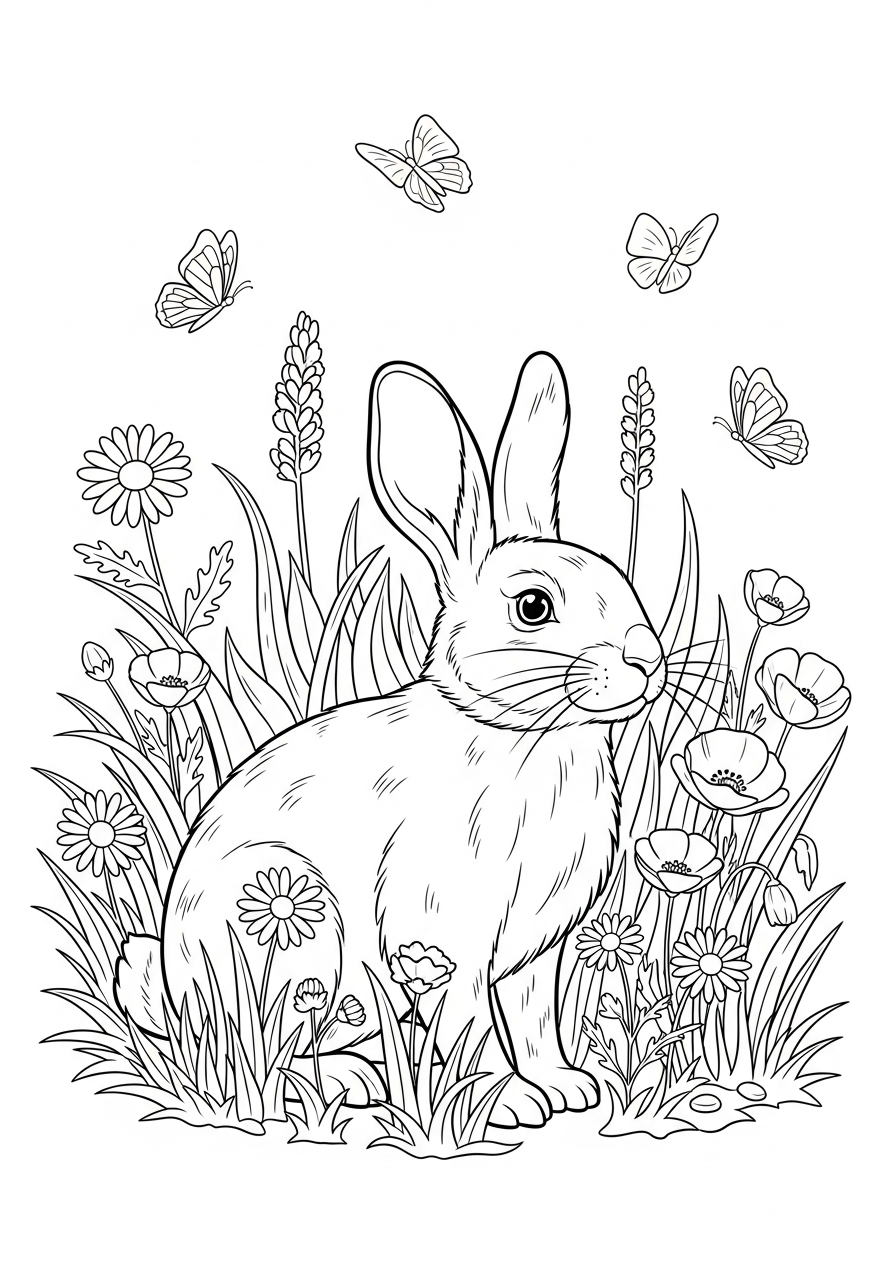 Realistic rabbit in grass meadow coloring page