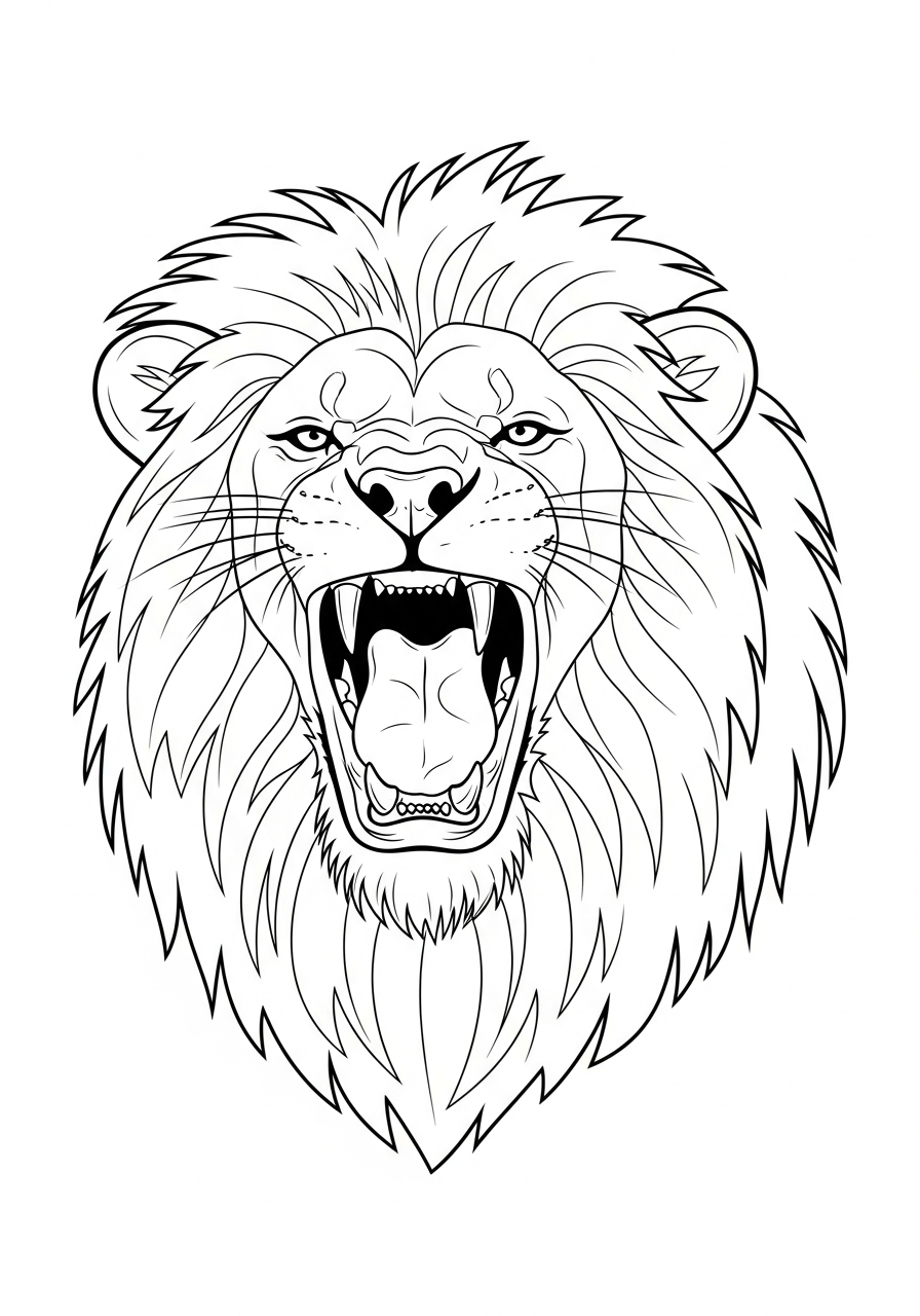Realistic roaring male lion coloring page
