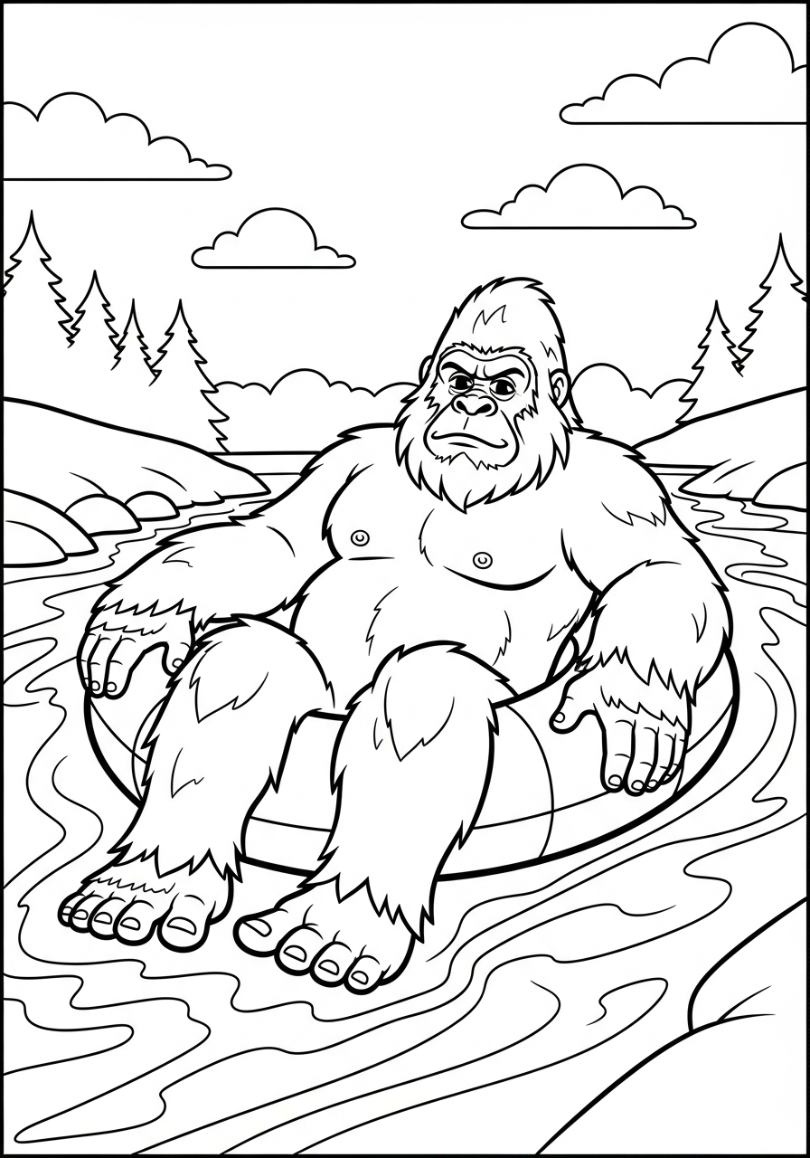Bigfoot Coloring Pages 24 Relaxing bigfoot floating in river coloring page