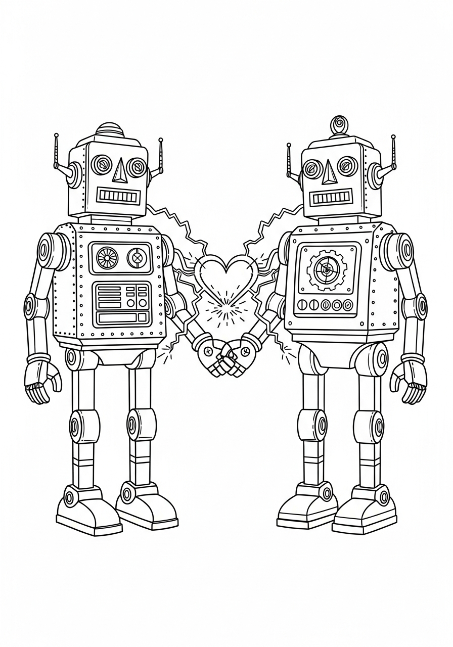 Valentine's Day Coloring Pages 34 Retro robots holding hands valentine coloring page