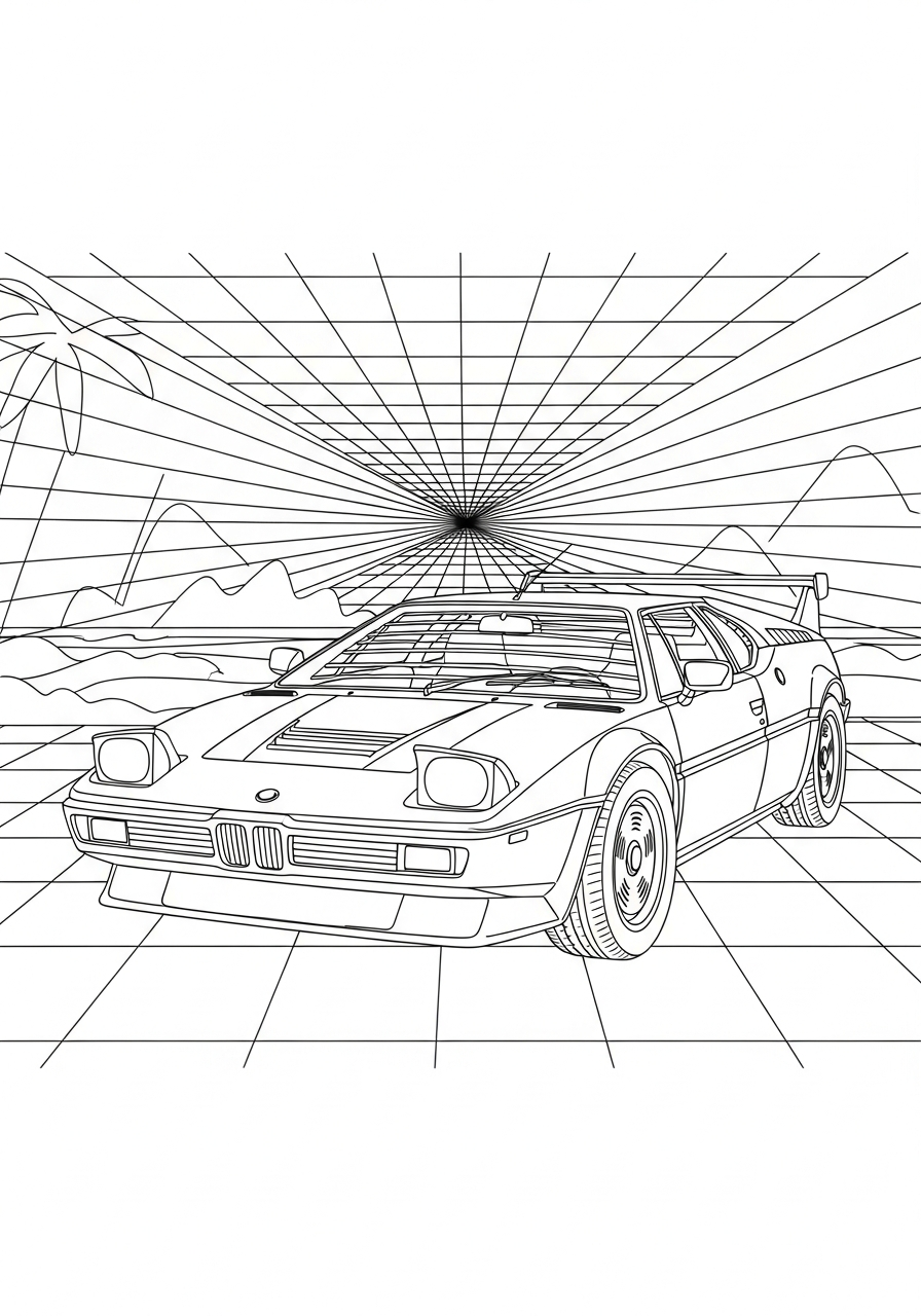 Retro vintage BMW M1 supercar coloring page