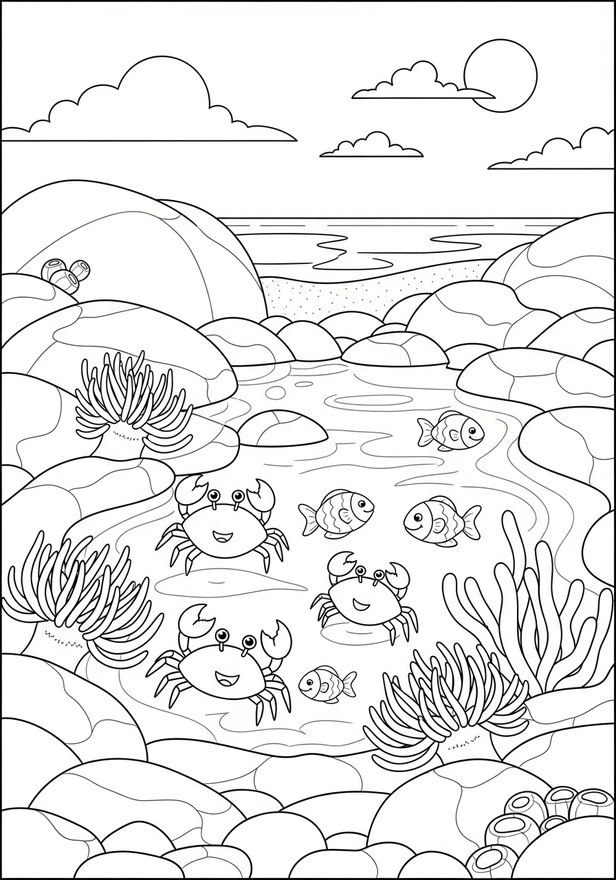 Rock pool with crabs and fish coloring page