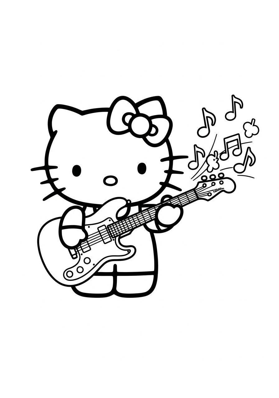 Rockstar Hello Kitty playing guitar coloring page