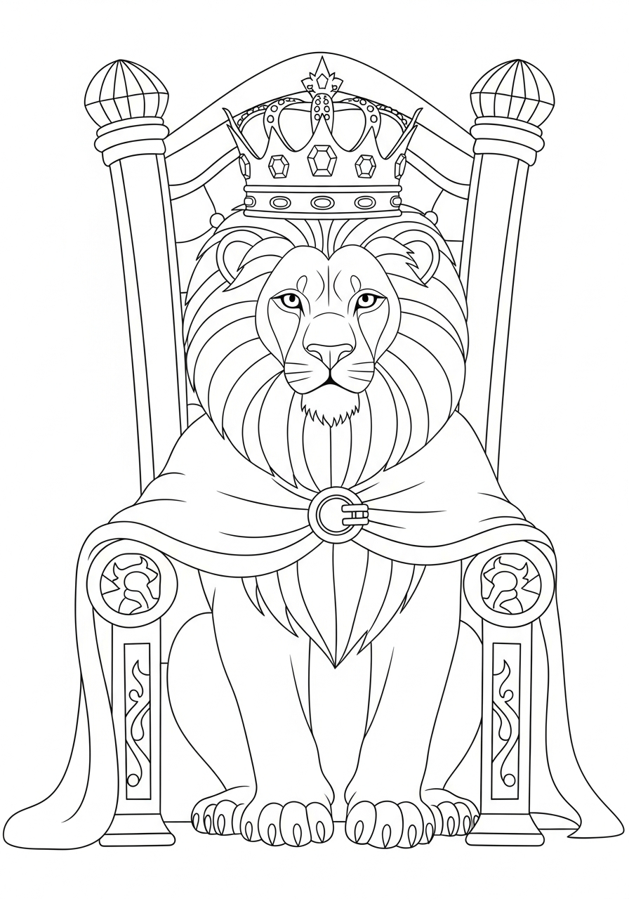 Royal lion king on throne coloring page