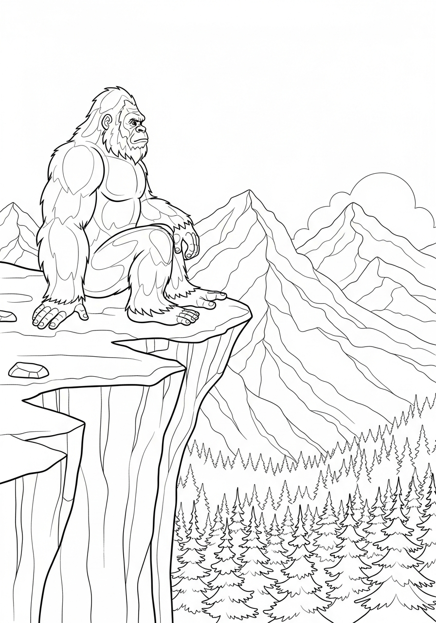 Bigfoot Coloring Pages 27 Sasquatch sitting on mountain cliff coloring page