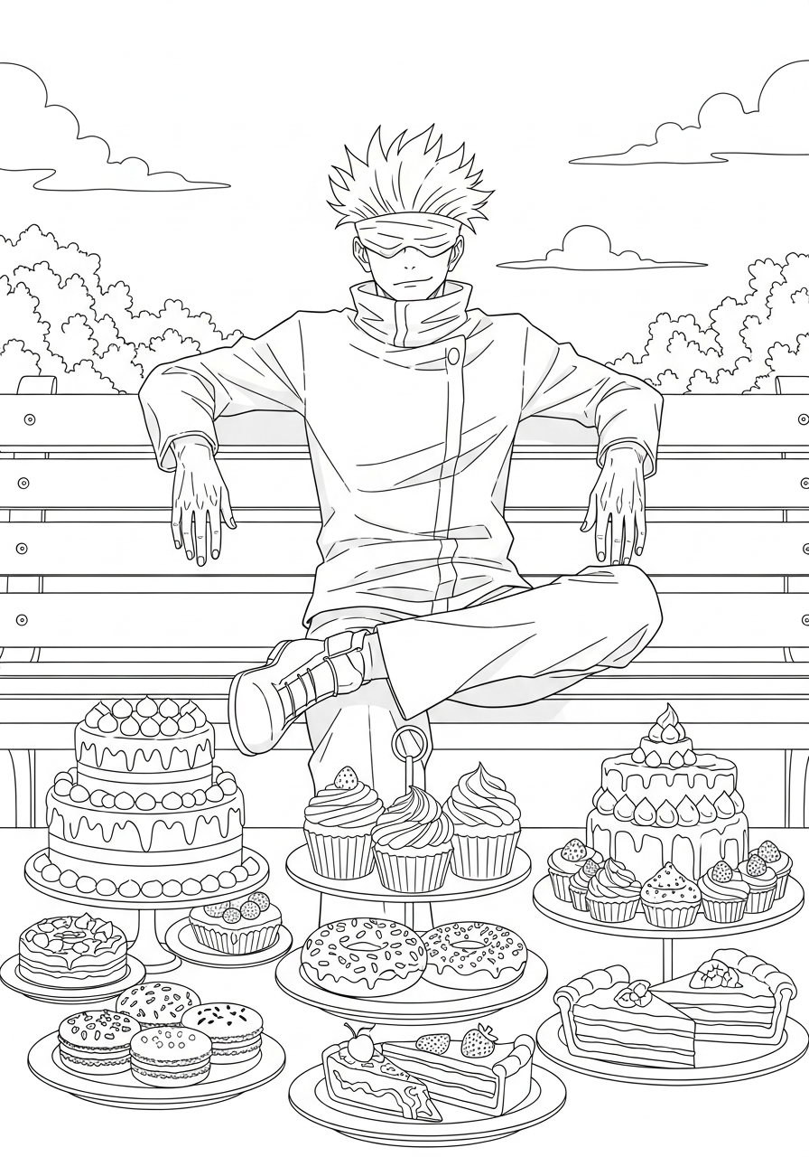 Satoru Gojo Coloring Pages 23 Satoru Gojo eating sweet cakes coloring page