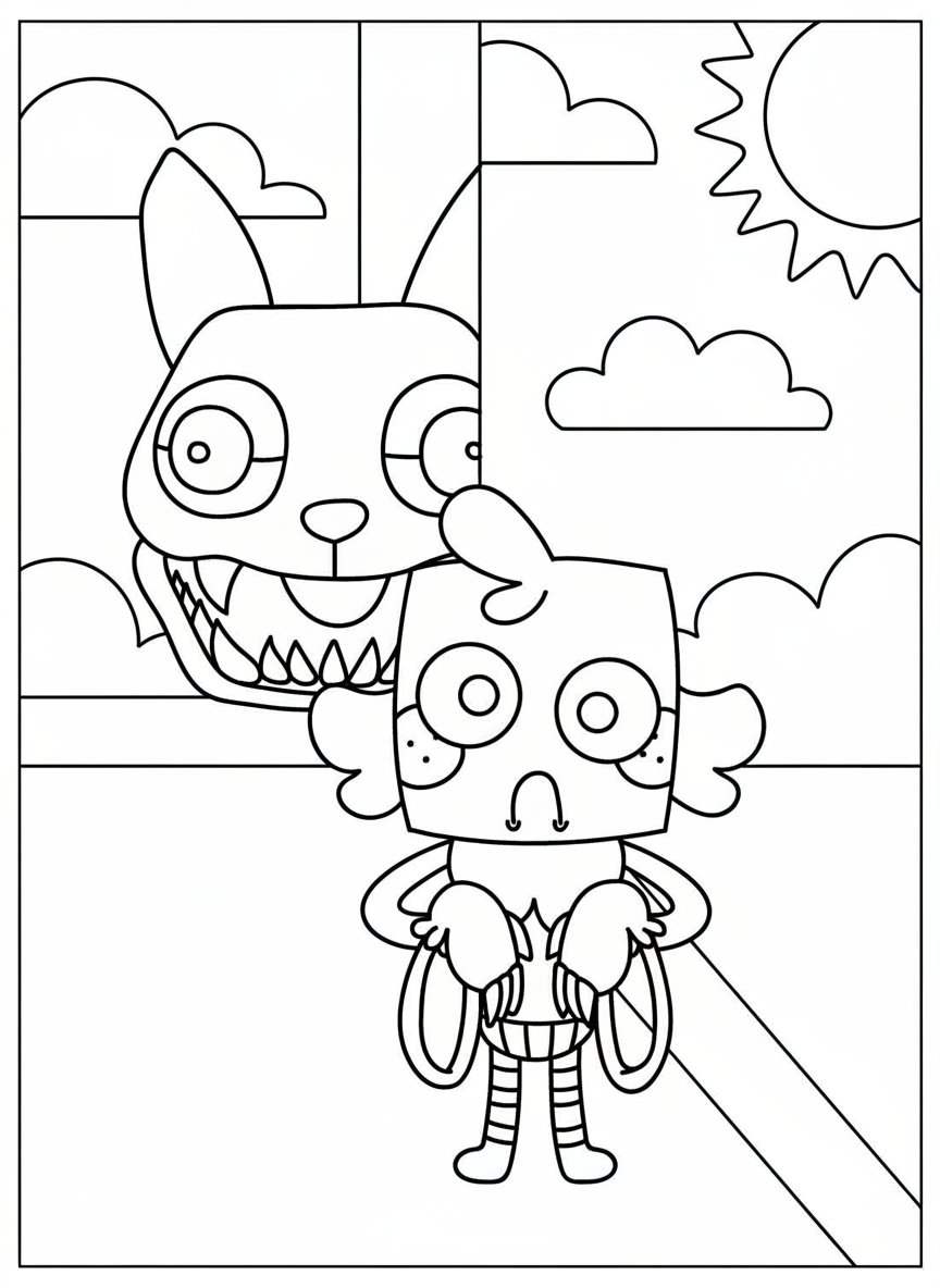 Scary Scraps watching Boxten Dandy’s World coloring page