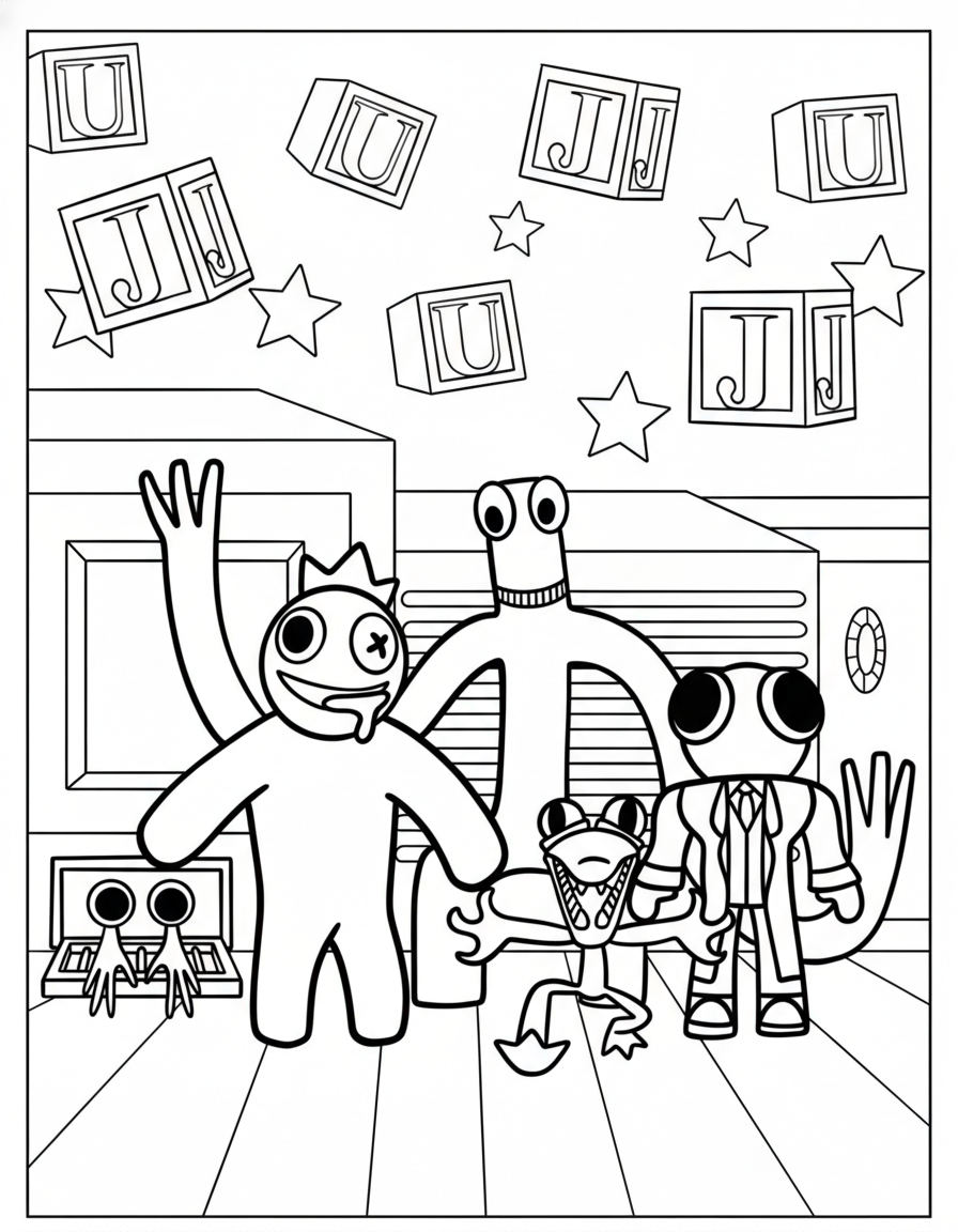 Rainbow Friends Coloring Pages 33 Scary group of monsters Rainbow Friends coloring page