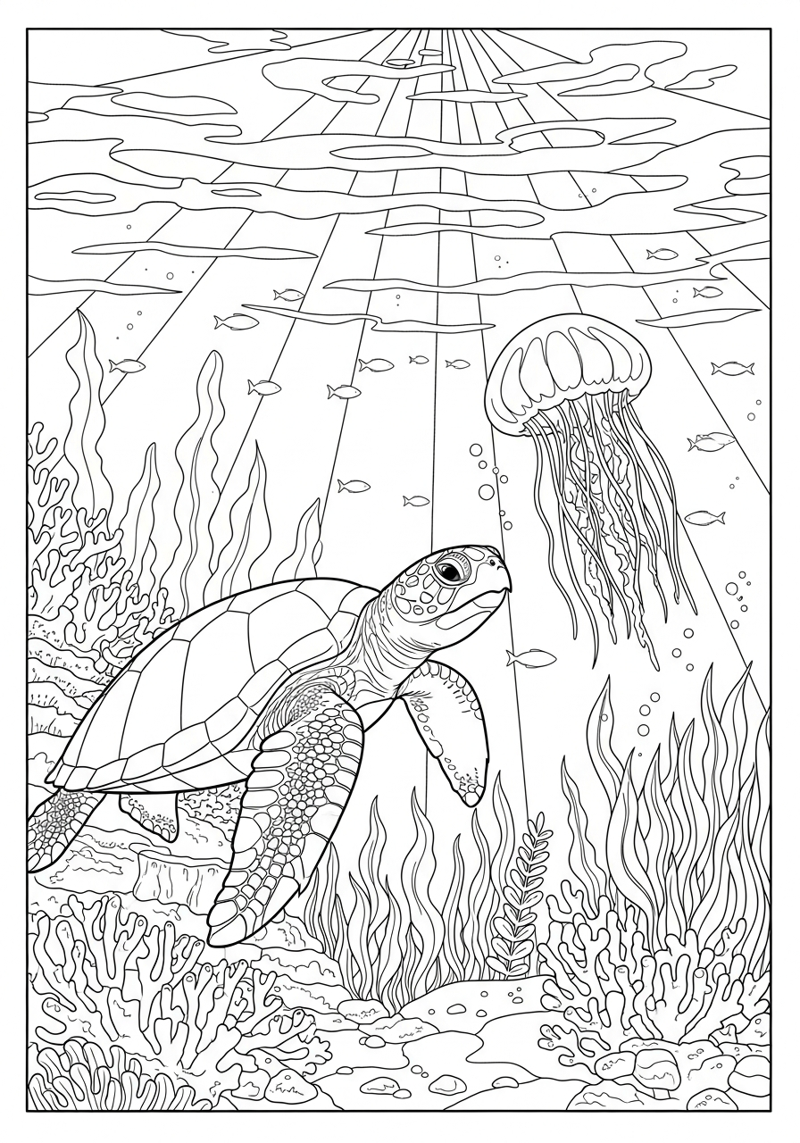 Sea turtle eating jellyfish ocean coloring page