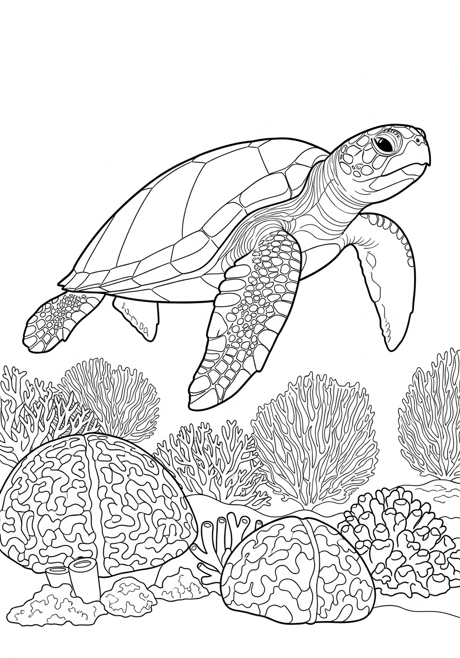 Sea turtle swimming over coral coloring page