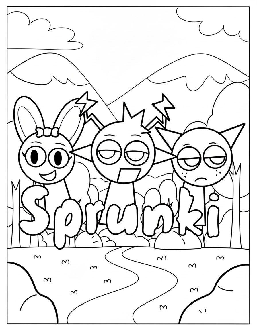 Simon and friends Sprunki coloring page outdoor