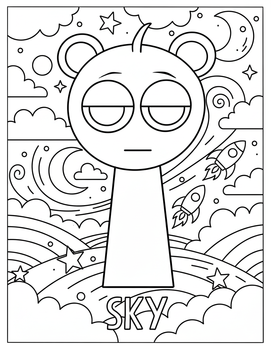 Simple Sky Sprunki coloring page for preschoolers