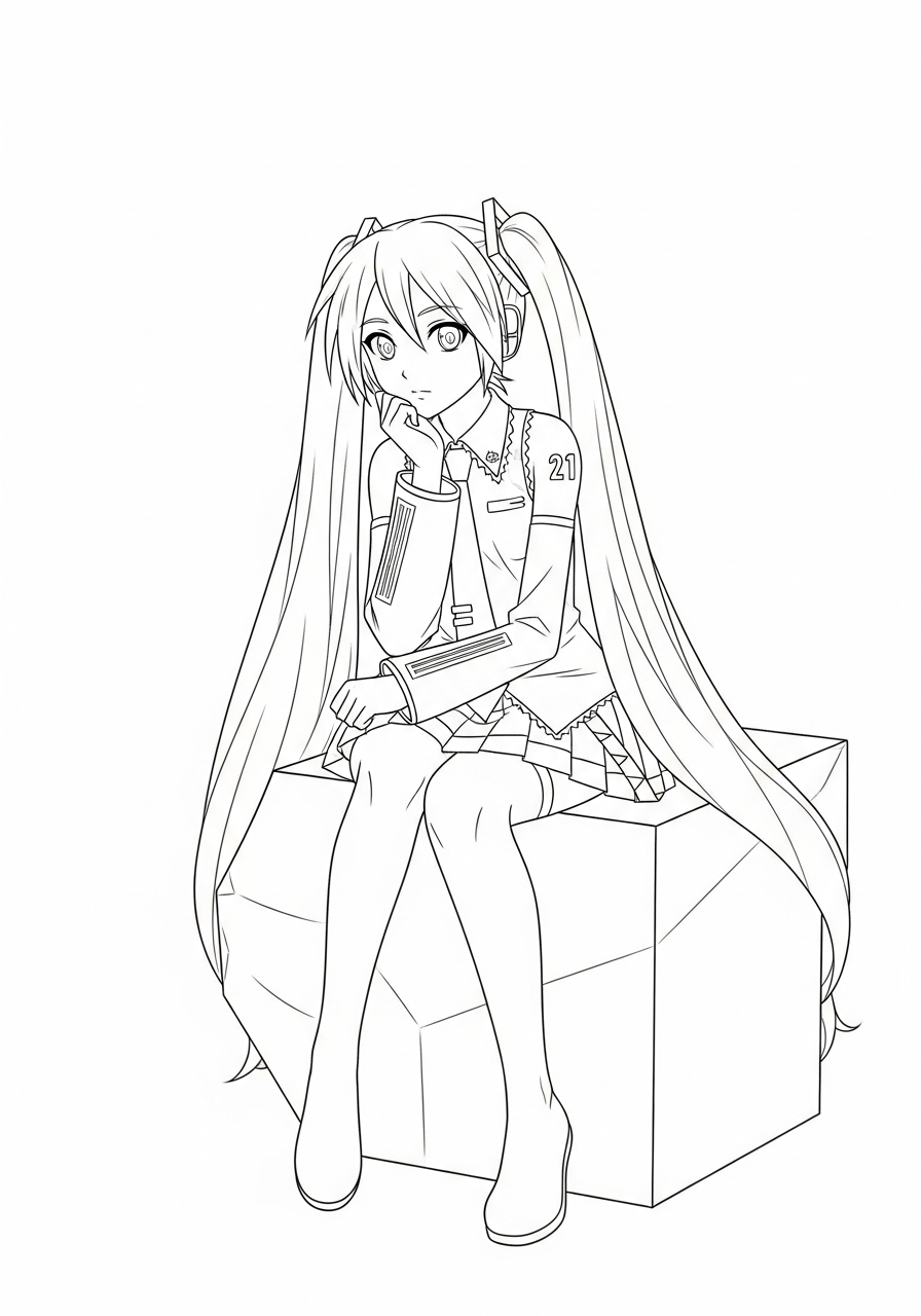 Sitting Hatsune Miku anime coloring page