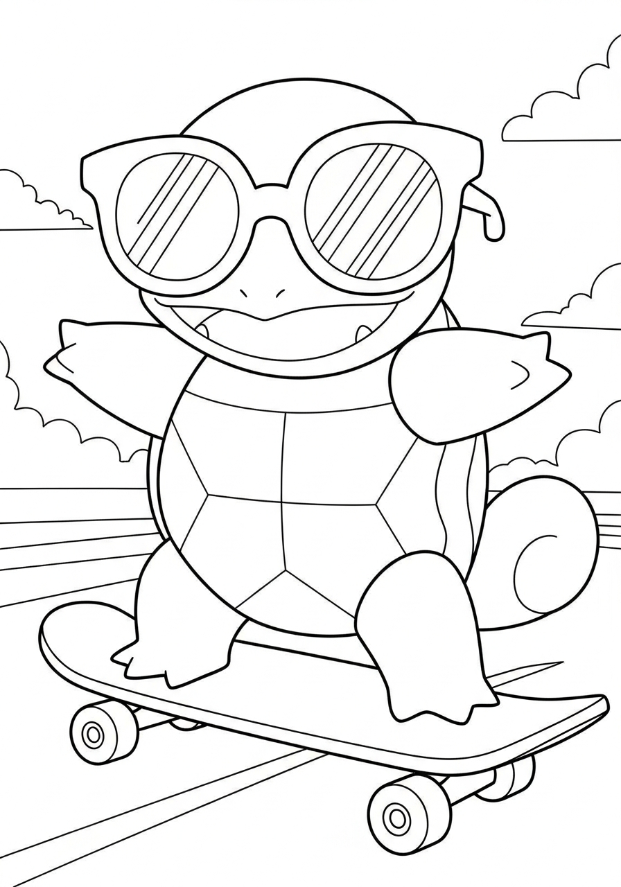 Skateboarding Squirtle with glasses coloring page