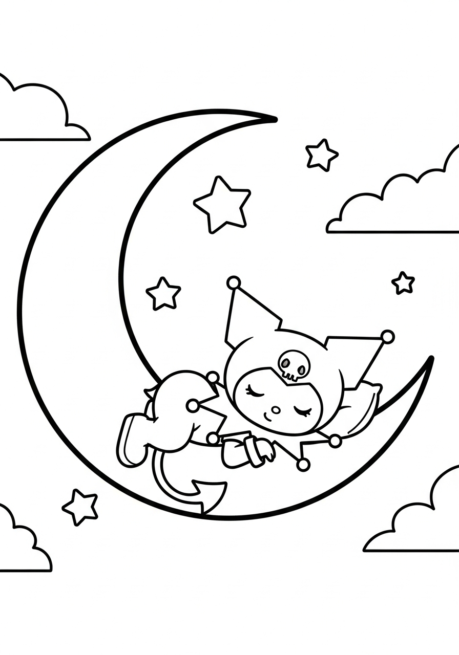 Sleeping Kuromi on crescent moon coloring page