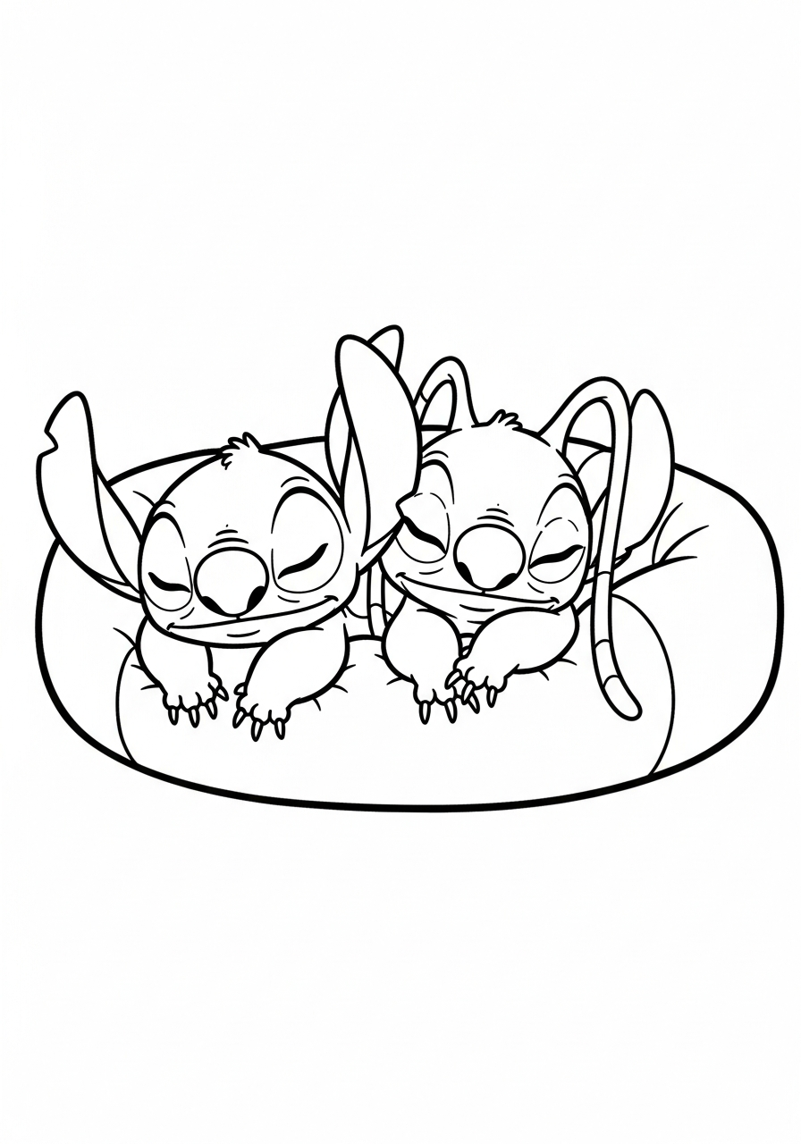 Sleeping Stitch and Angel cuddling coloring page
