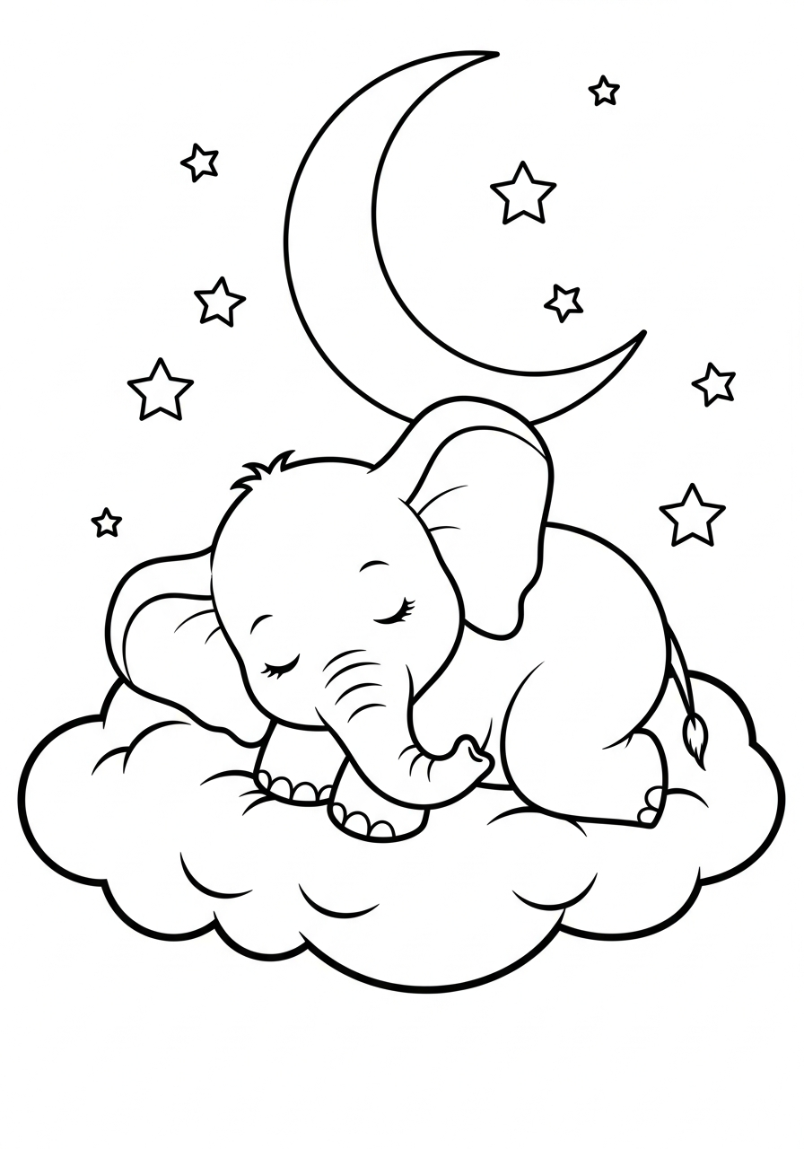 Elephant Coloring Pages 34 Sleeping baby elephant on cloud coloring page