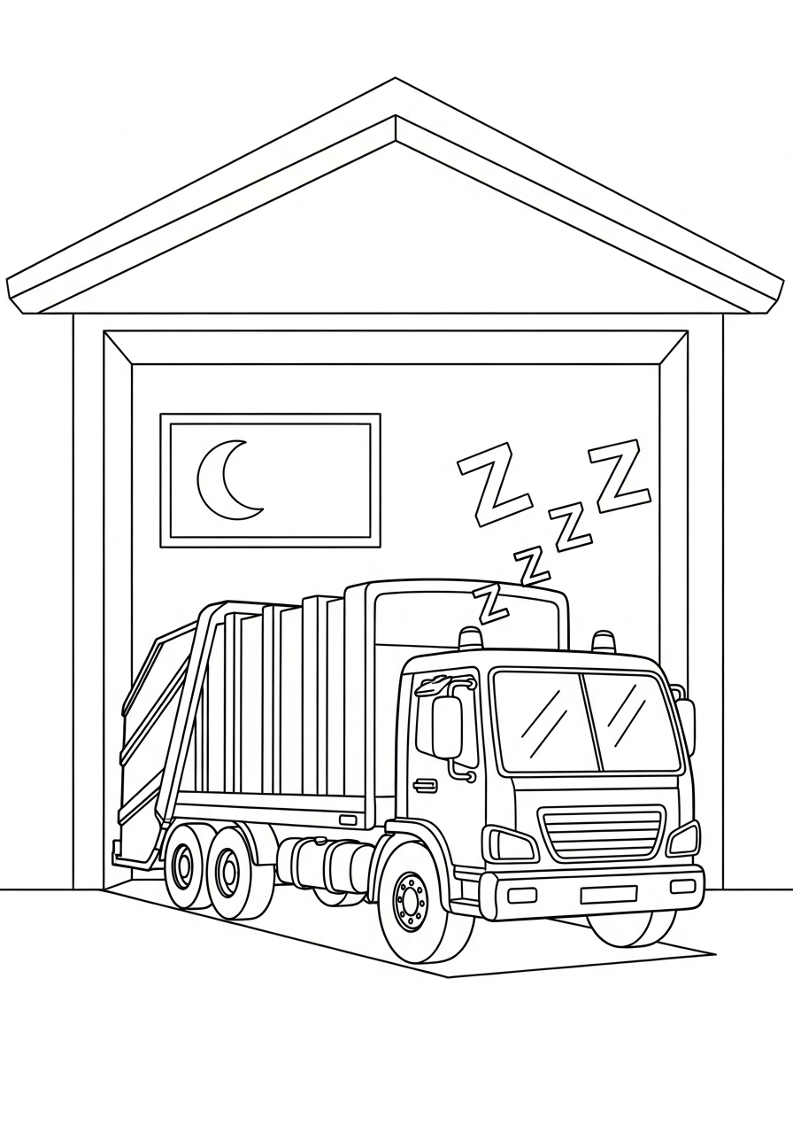 Garbage Truck Coloring Pages 29 Sleeping garbage truck in garage coloring page
