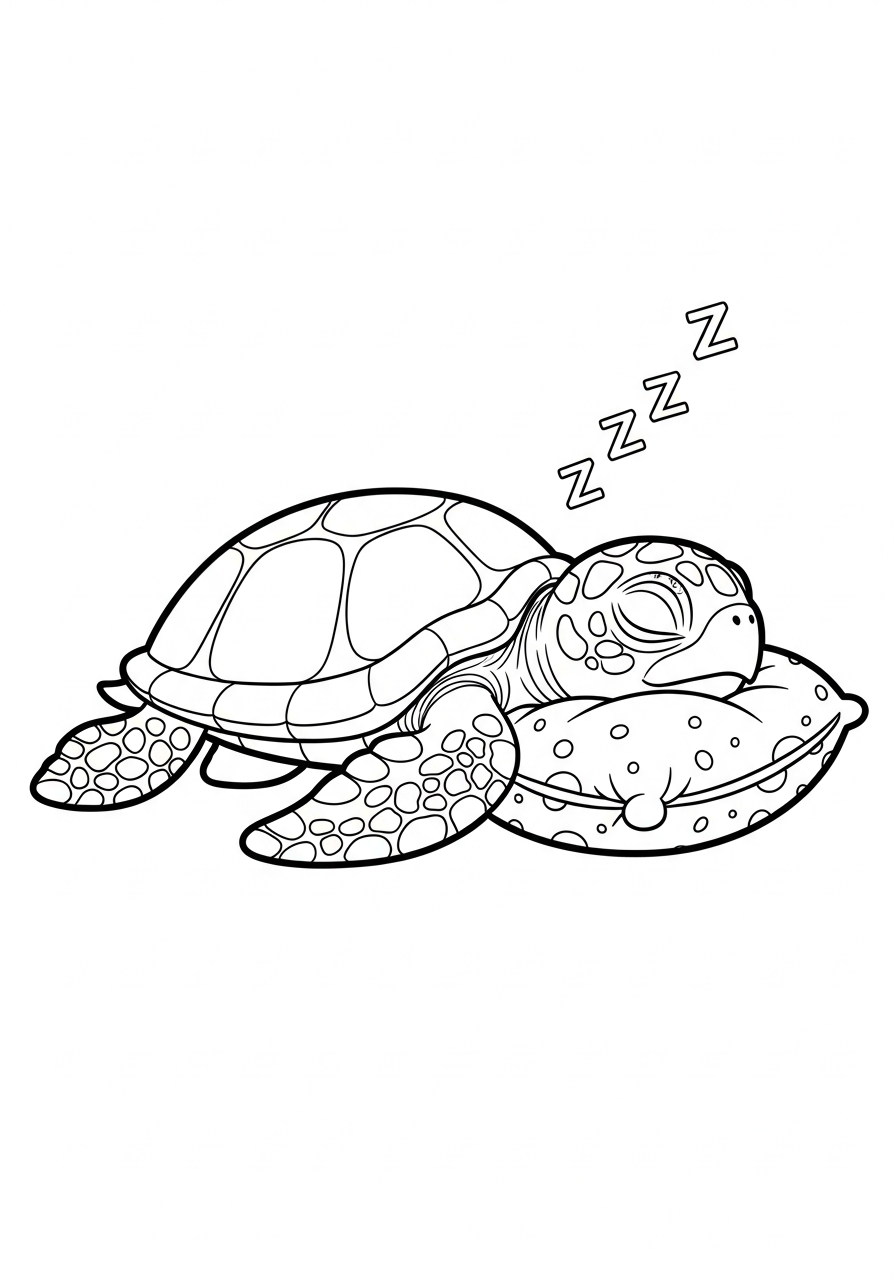 Sleeping sea turtle on pillow coloring page