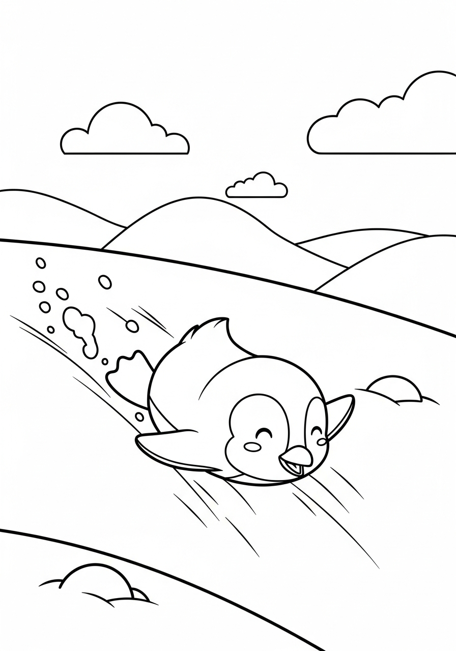 Sliding penguin on belly snow coloring page