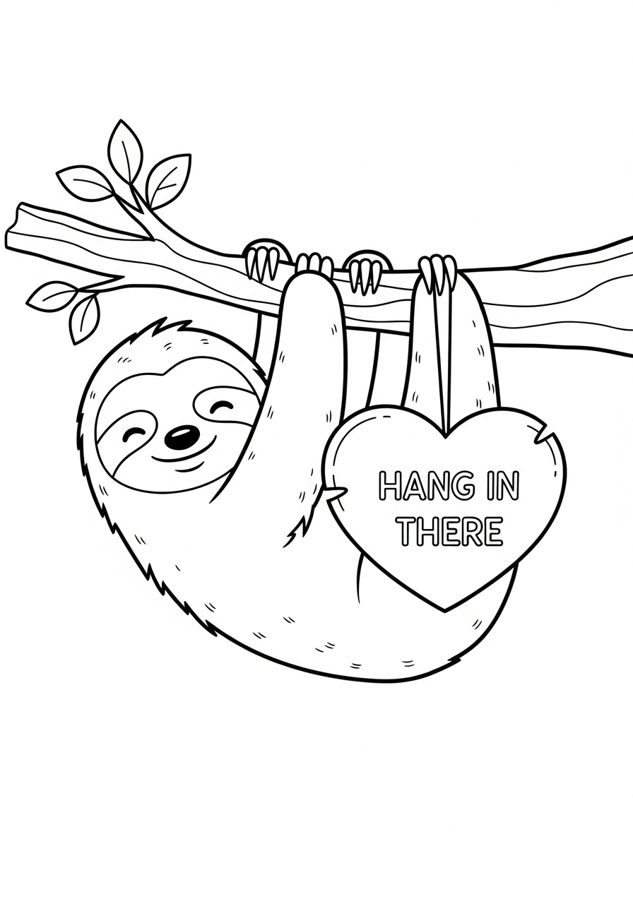Valentine's Day Coloring Pages 35 Sloth hanging with heart valentine coloring page