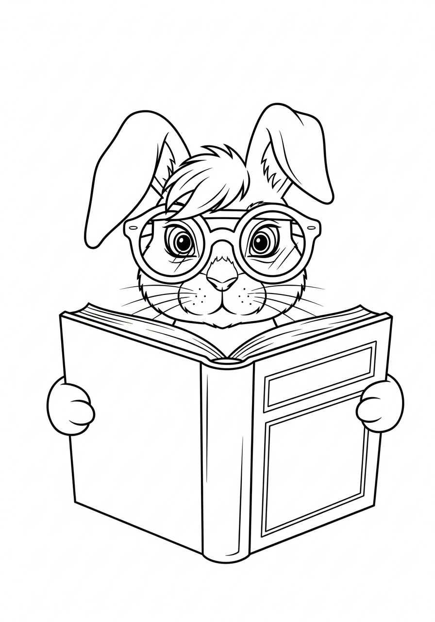 Smart bunny with glasses reading coloring page