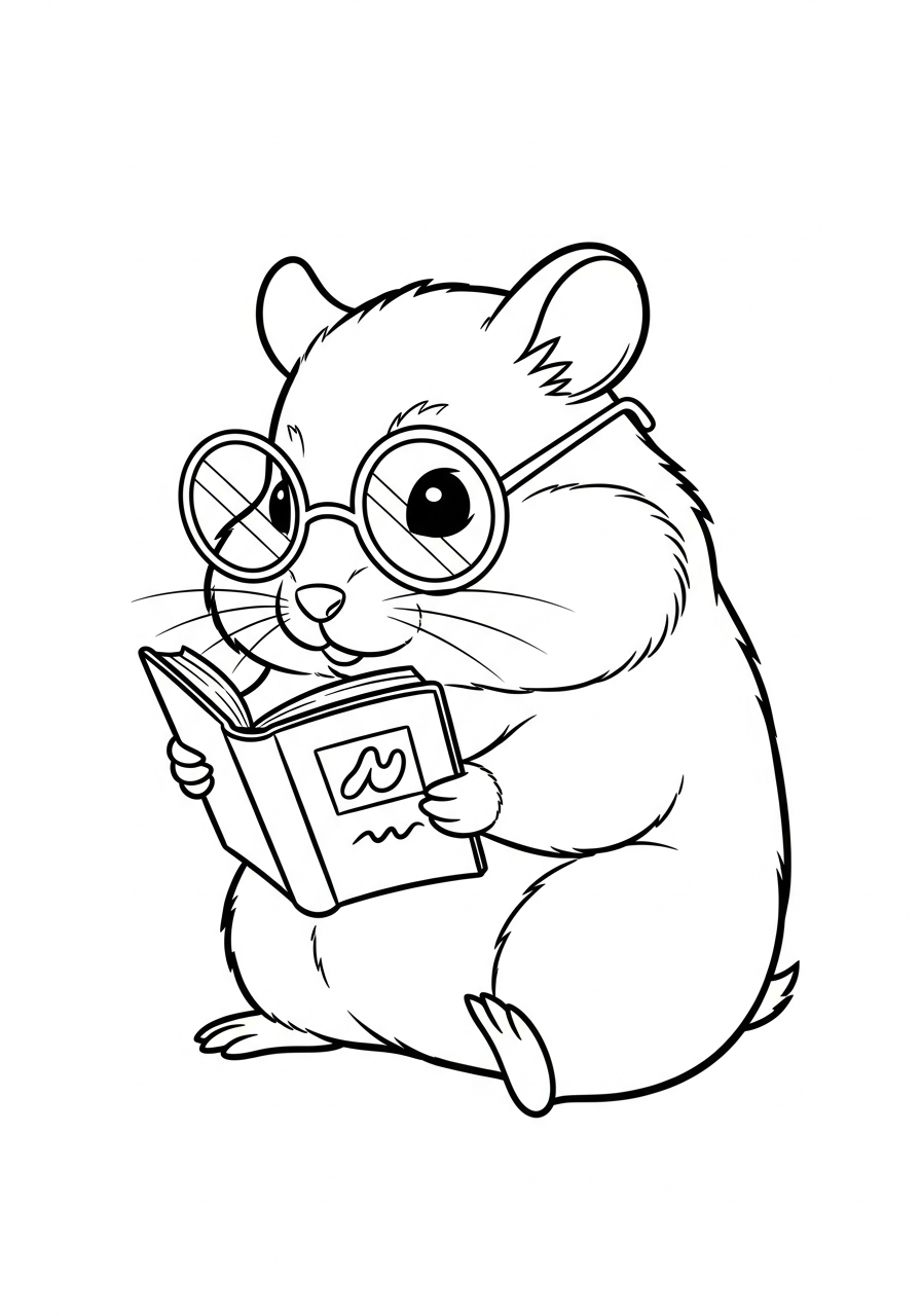Smart hamster reading a book coloring page