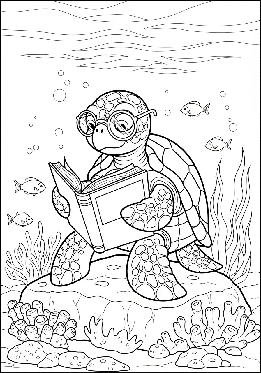 Smart turtle reading book glasses coloring page