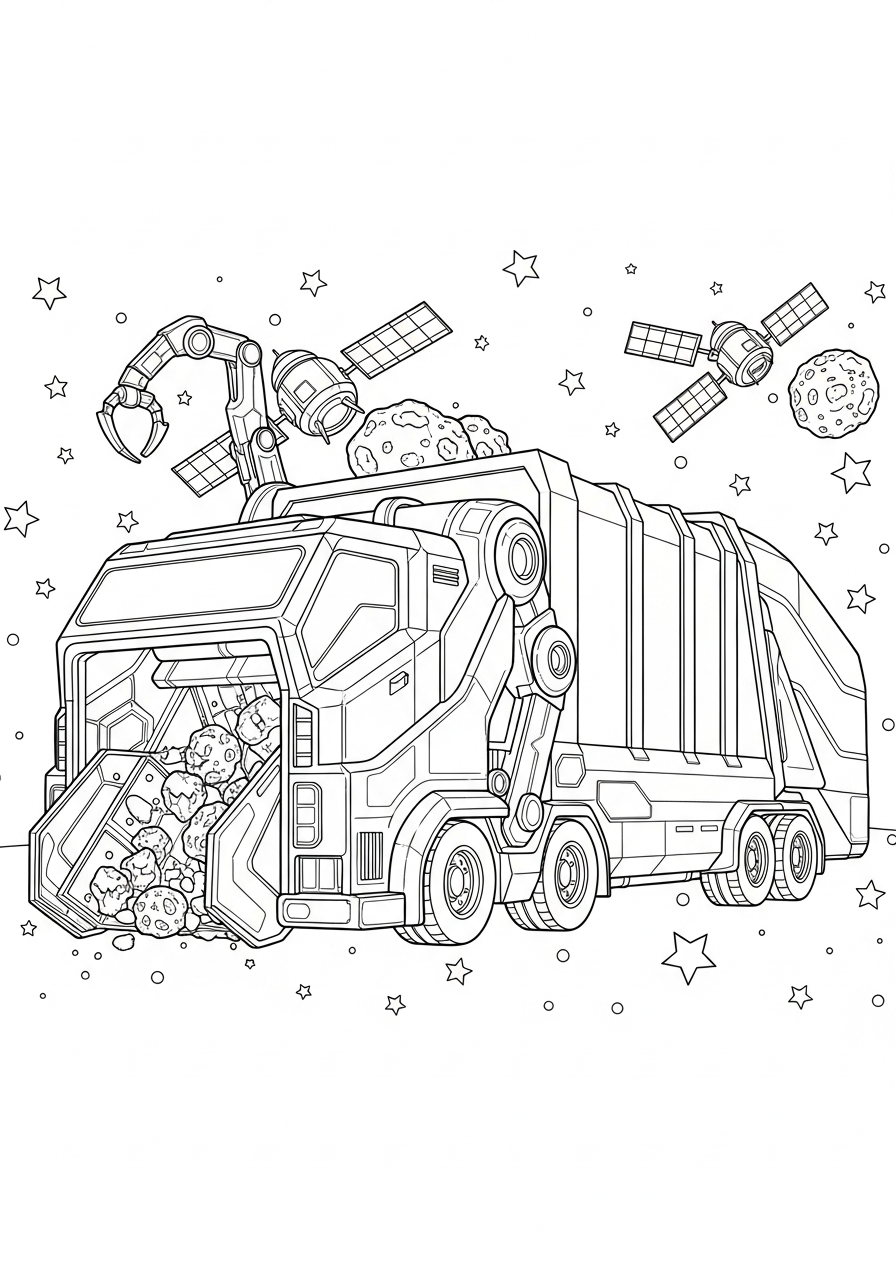 Garbage Truck Coloring Pages 30 Space garbage truck in stars coloring page