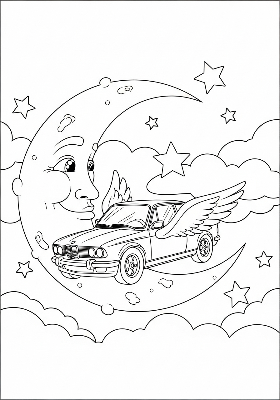 Space rocket BMW car fantasy coloring page
