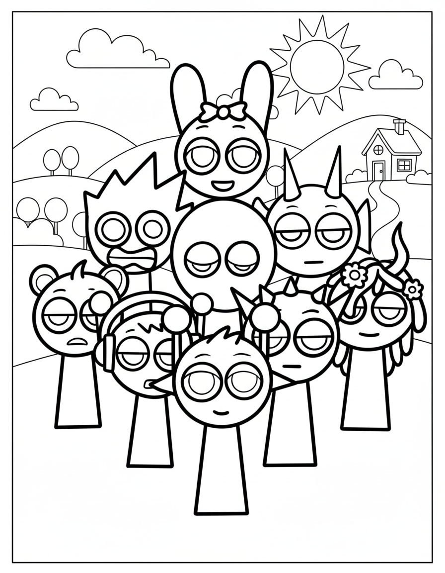 Sparkly full cast Sprunki coloring page free