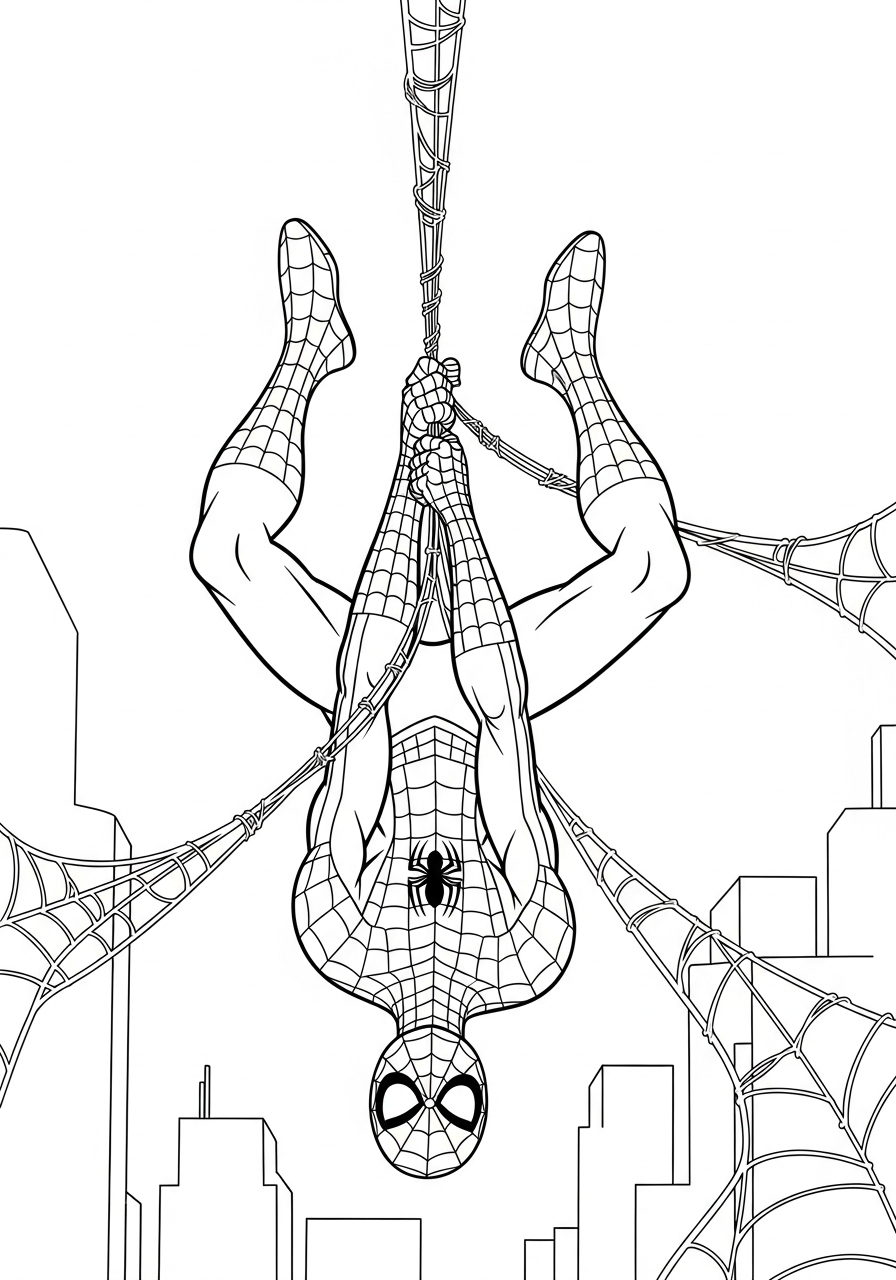 Spiderman hanging upside down web coloring page