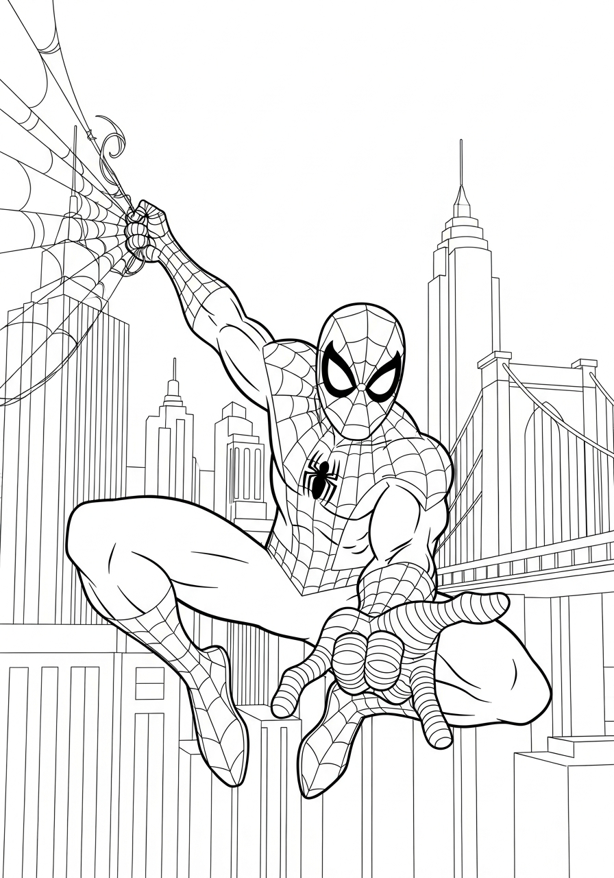 Spiderman swinging through New York coloring page