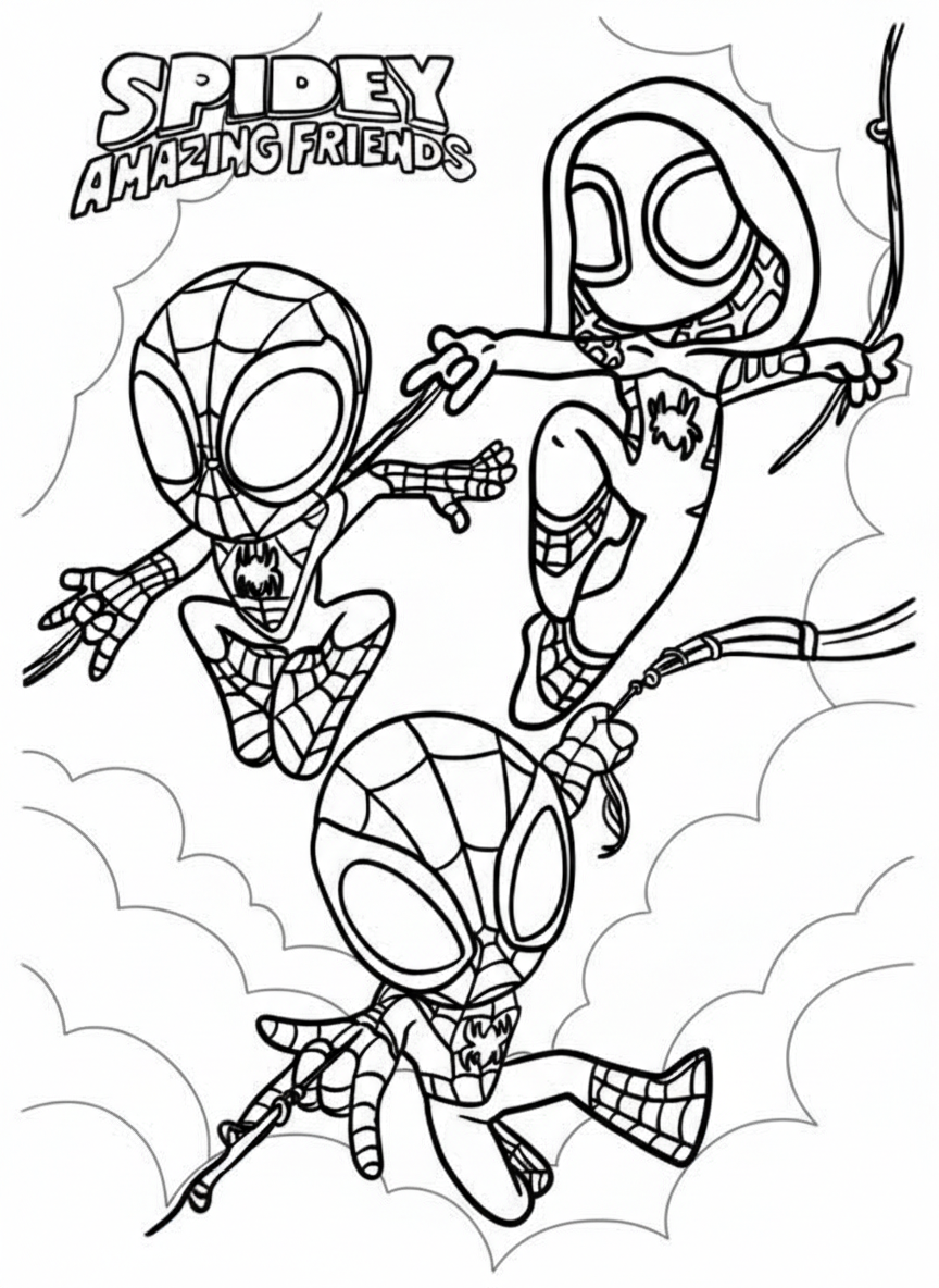 Spidey Team swinging – Spidey And His Amazing Friends coloring page