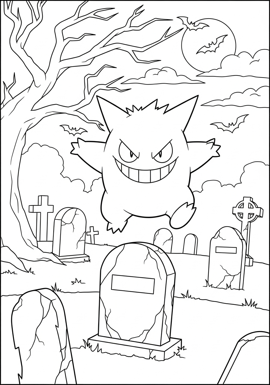 Gengar Coloring Pages 24 Spooky Gengar in graveyard coloring page