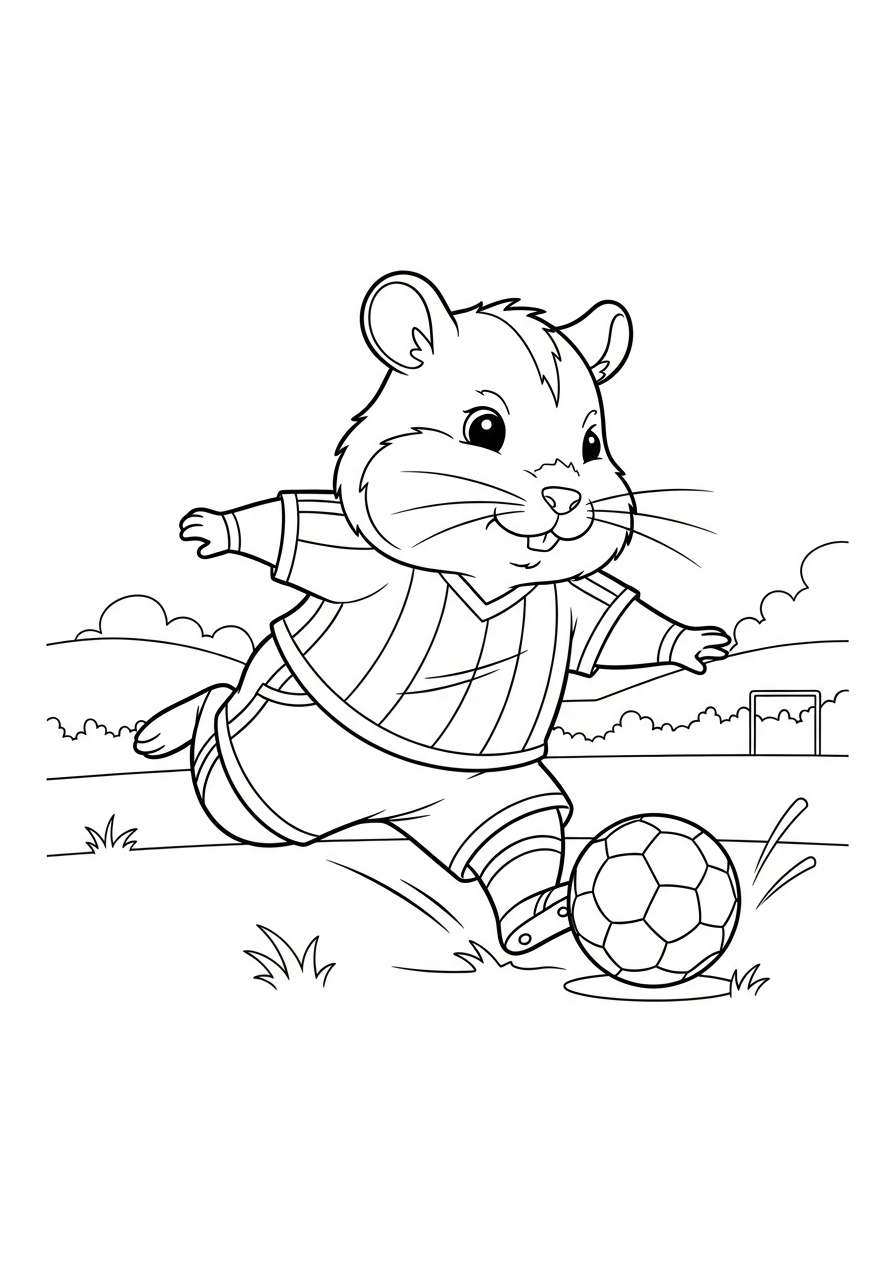 Sporty hamster playing soccer ball coloring page