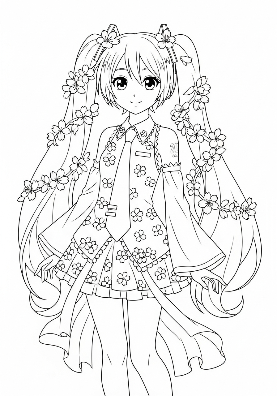 Spring Sakura Miku cherry coloring page