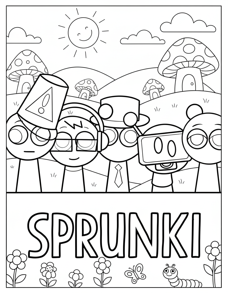 Sprunki logo with characters coloring page printable