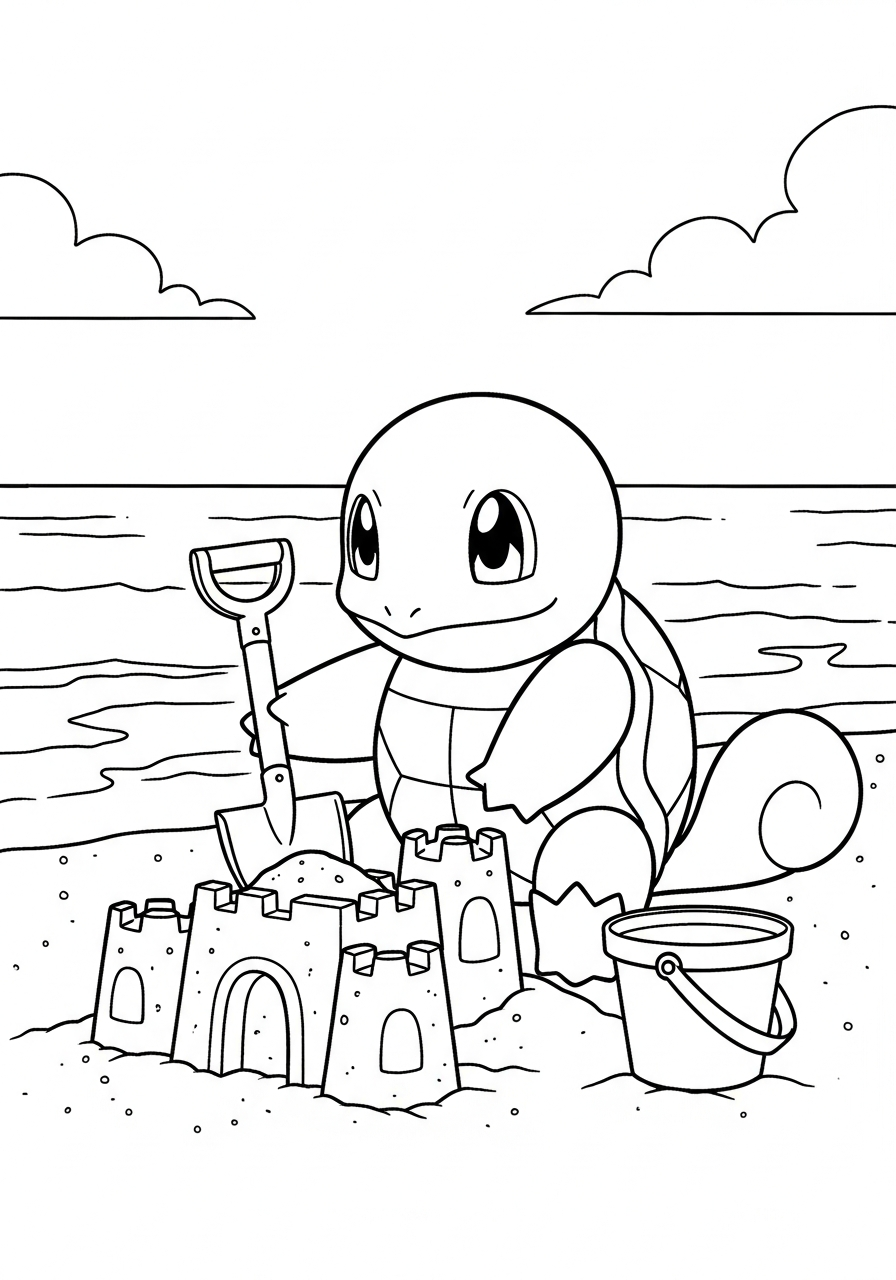 Squirtle building sandcastle beach coloring page