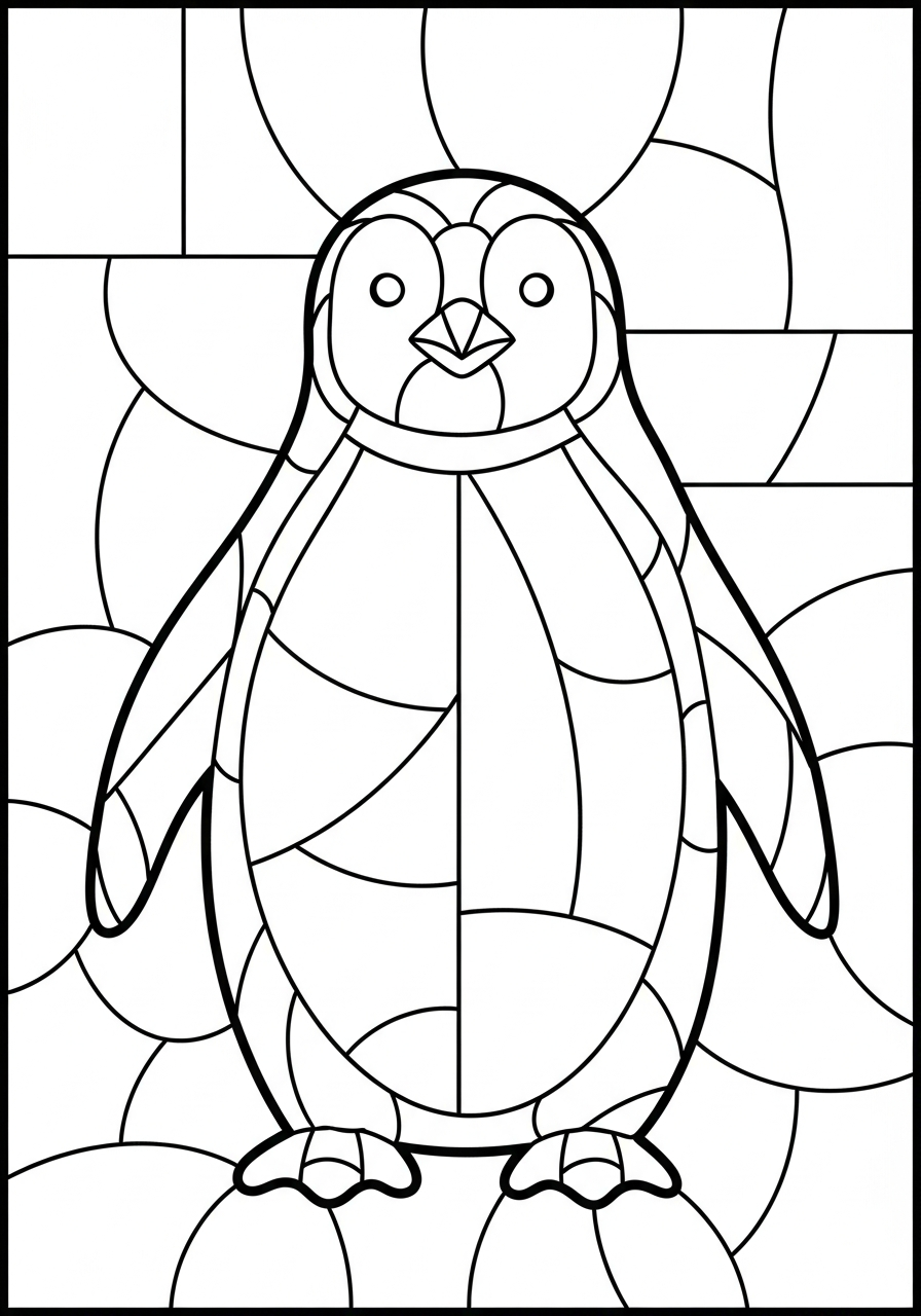 Stained glass penguin pattern art coloring page