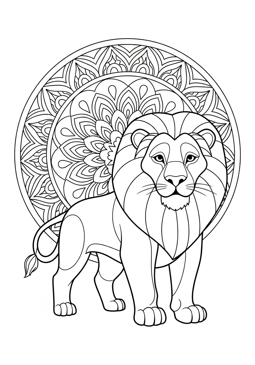 Standing lion mandala pattern coloring page