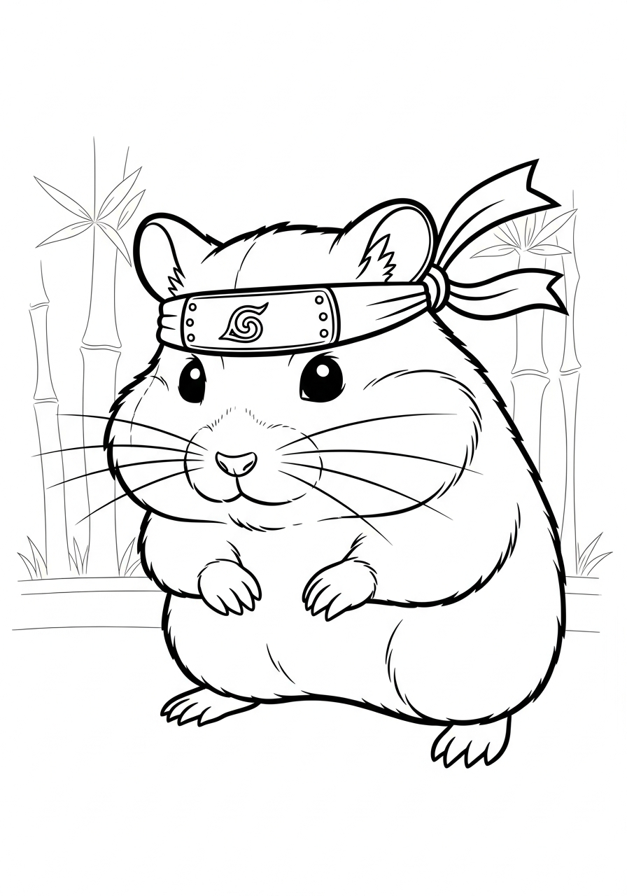 Stealthy ninja hamster with headband coloring page