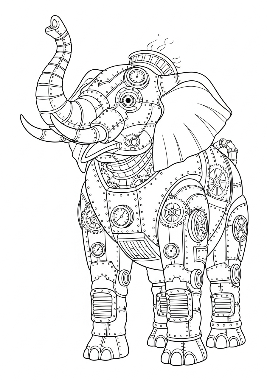 Elephant Coloring Pages 37 Steampunk mechanical gear elephant coloring page