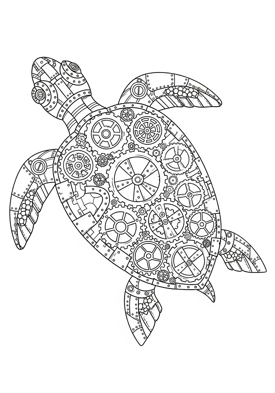 Steampunk mechanical gear sea turtle coloring page